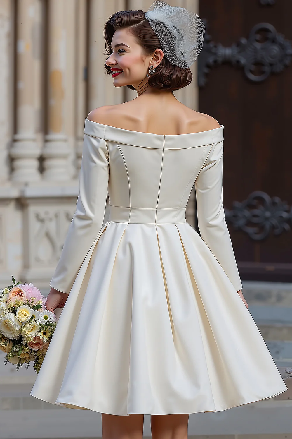 Off the Shoulder White A Line Short Wedding Dress with Long Sleeves - Image 2