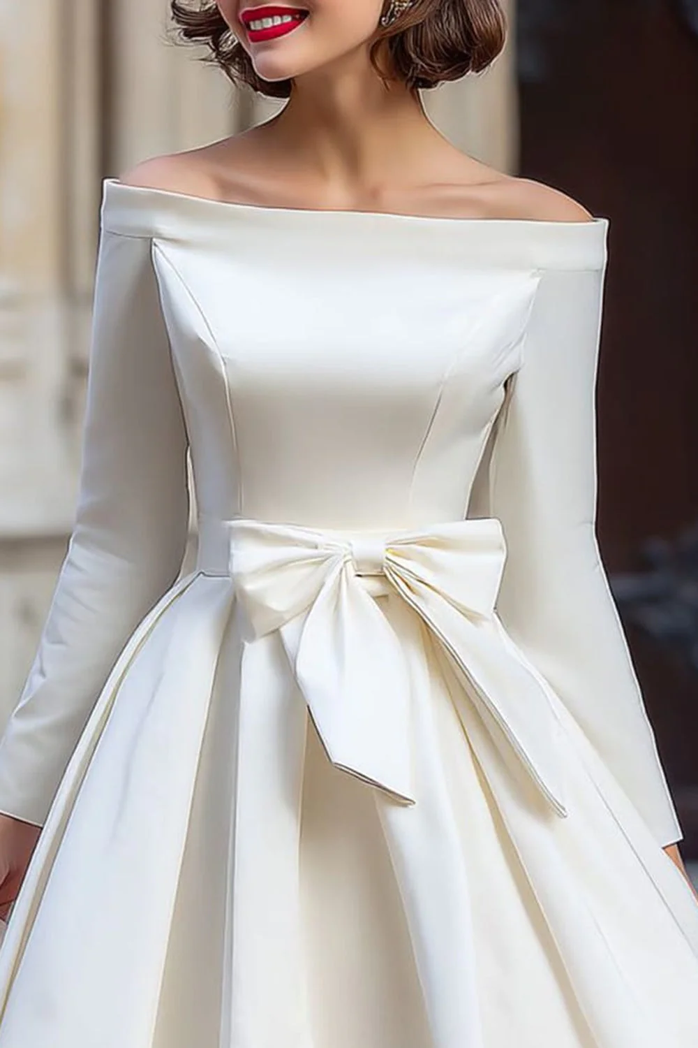 Off the Shoulder White A Line Short Wedding Dress with Long Sleeves - Image 3