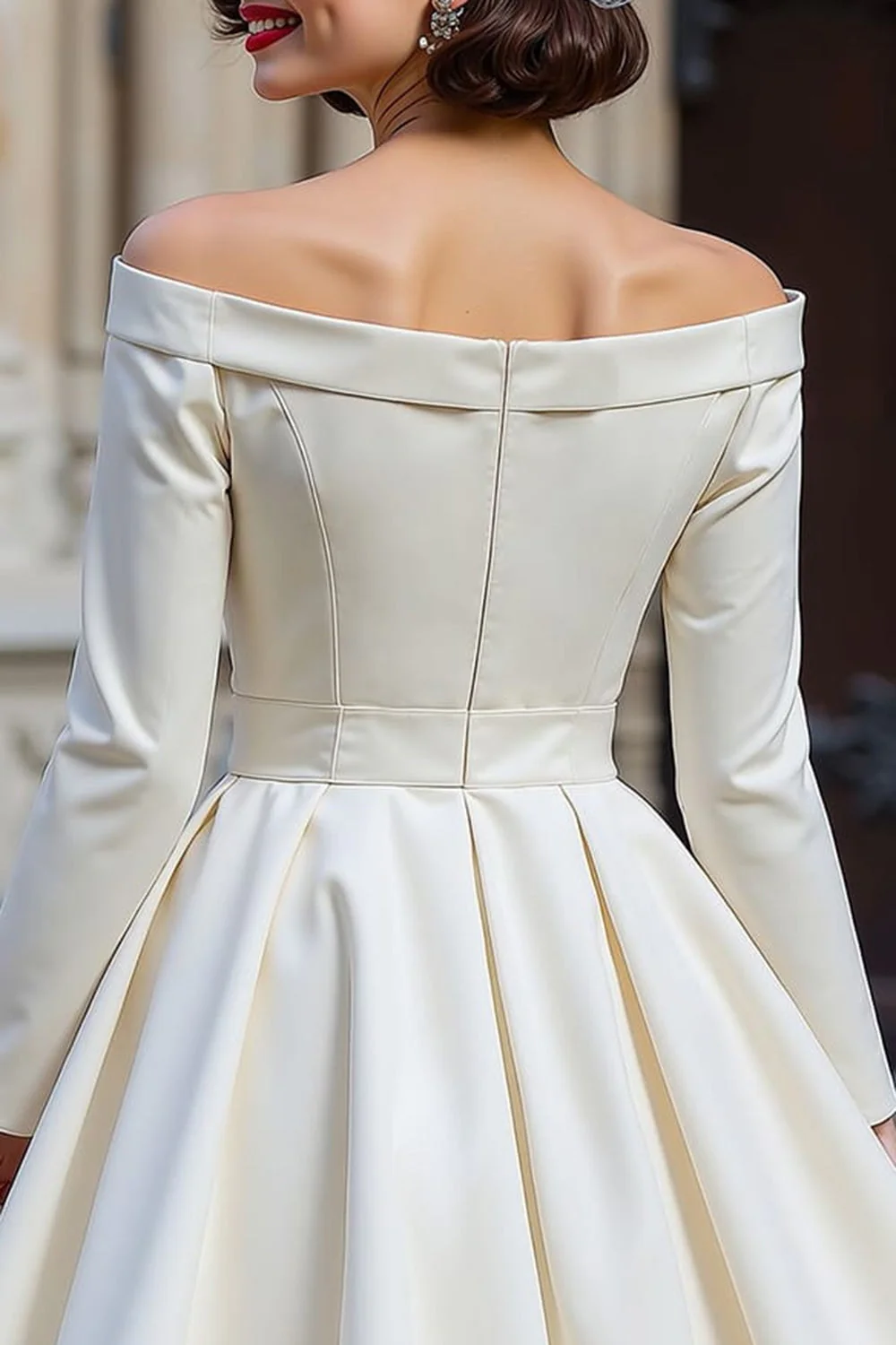 Off the Shoulder White A Line Short Wedding Dress with Long Sleeves - Image 4