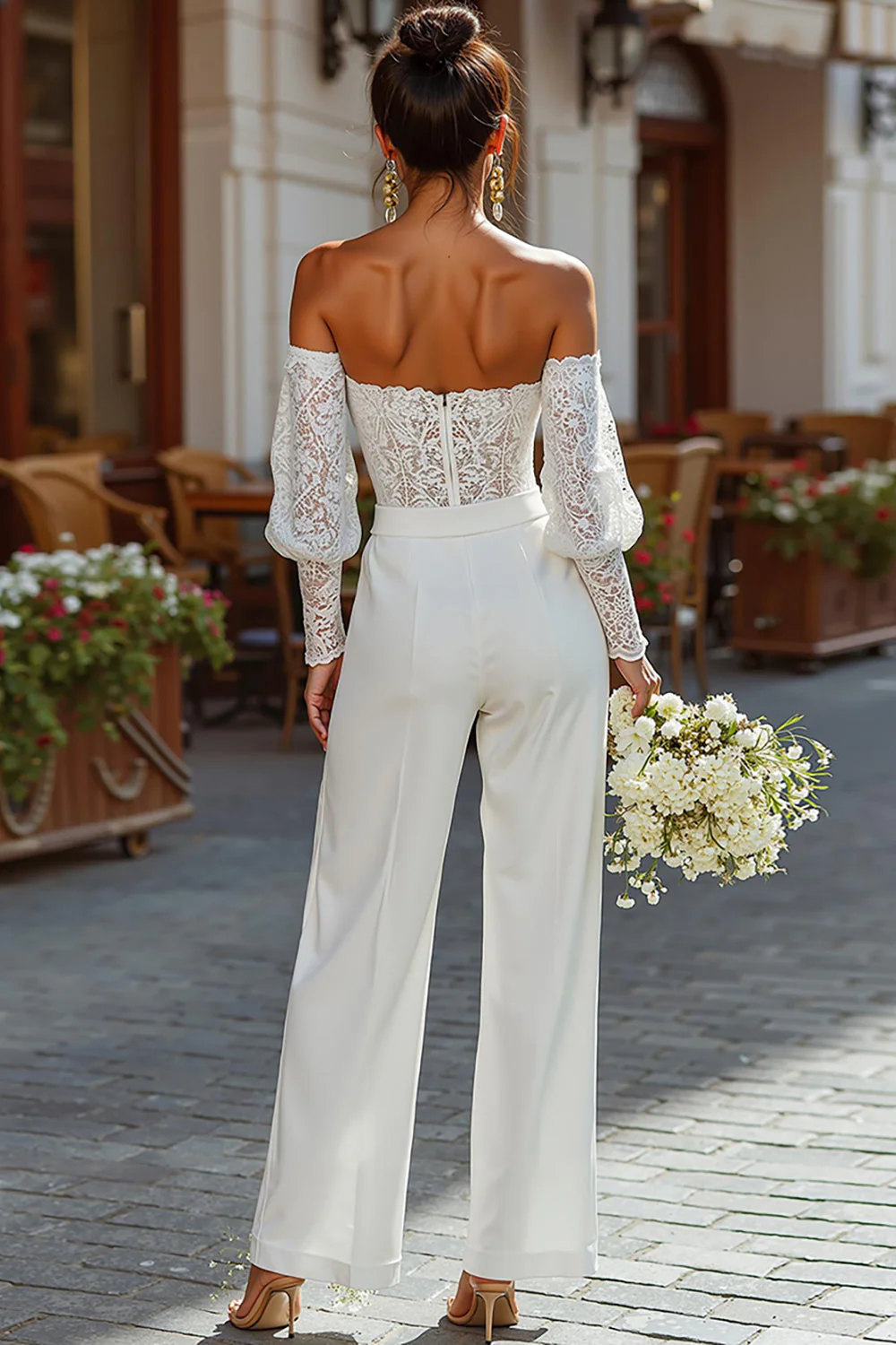 Off the Shoulder White Bridal Jumpsuits with Lace - Image 2