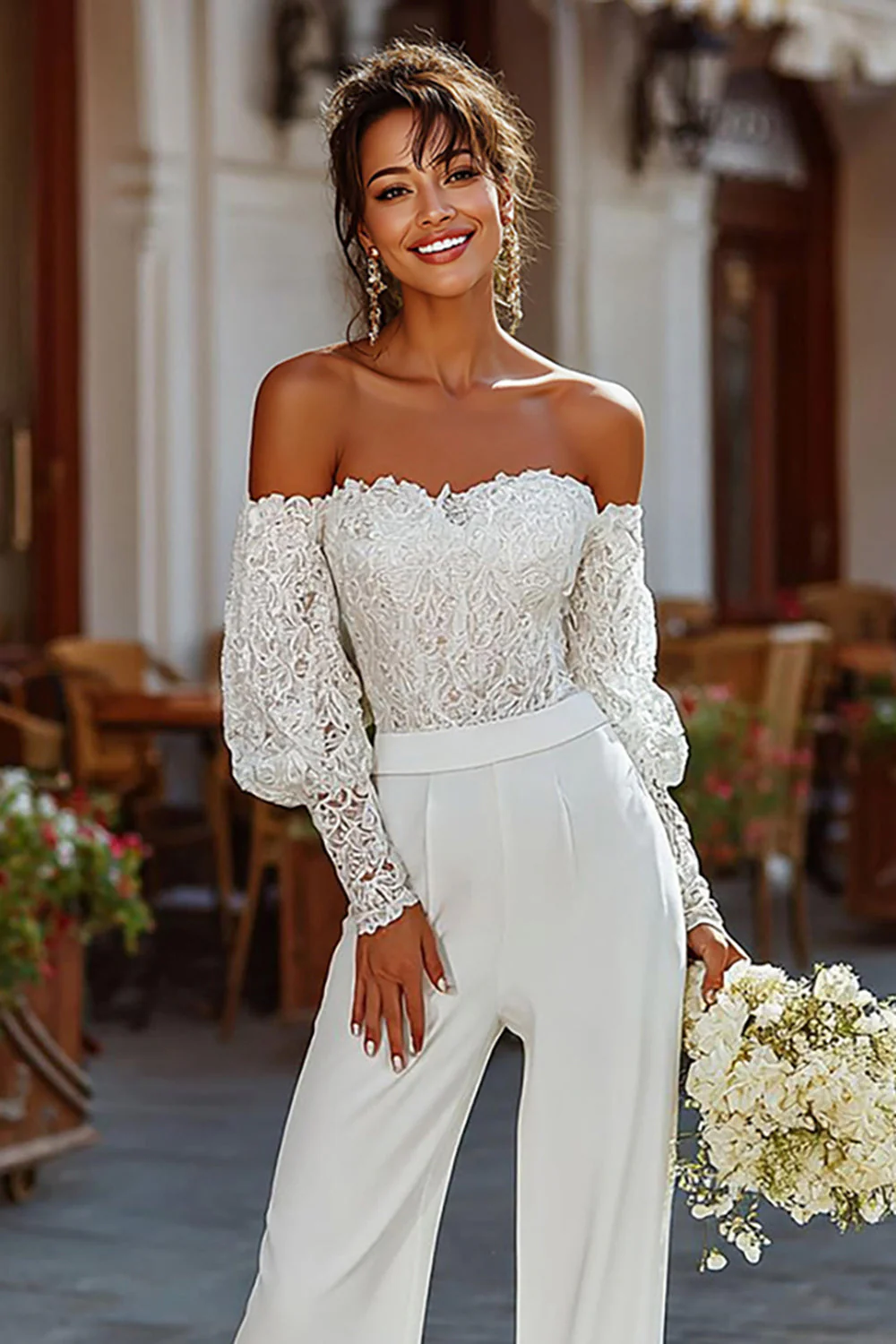 Off the Shoulder White Bridal Jumpsuits with Lace - Image 3