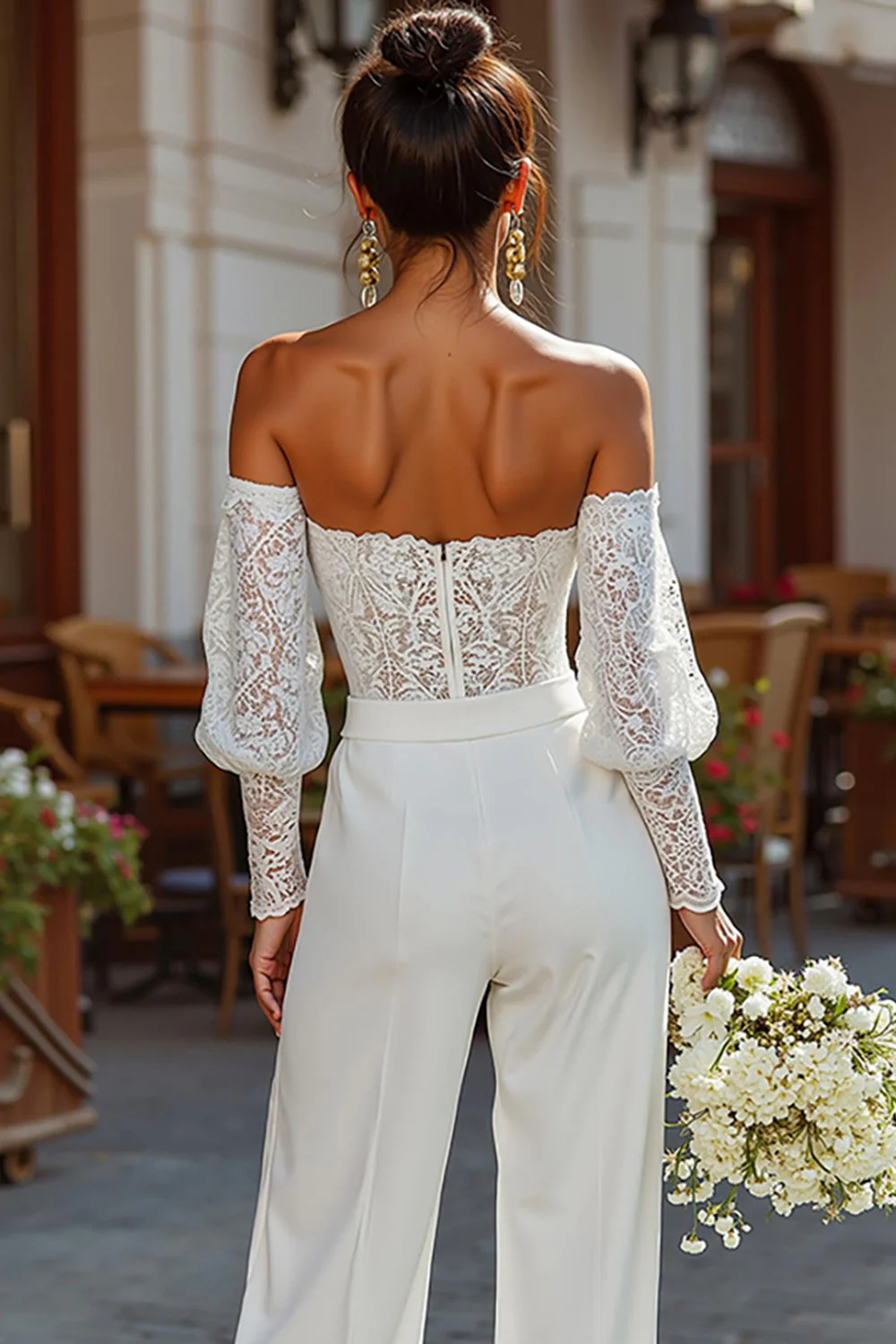 Off the Shoulder White Bridal Jumpsuits with Lace - Image 4