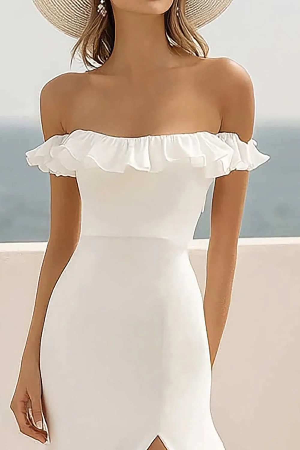 Off The Shoulder White Chiffon Ruffled Holiday Dress - Image 2