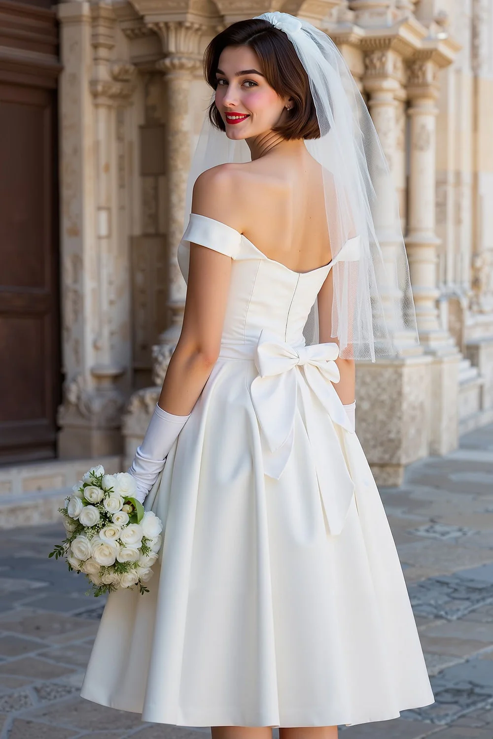 Off the Shoulder White Corset A Line Midi Wedding Dress with Bows - Image 2