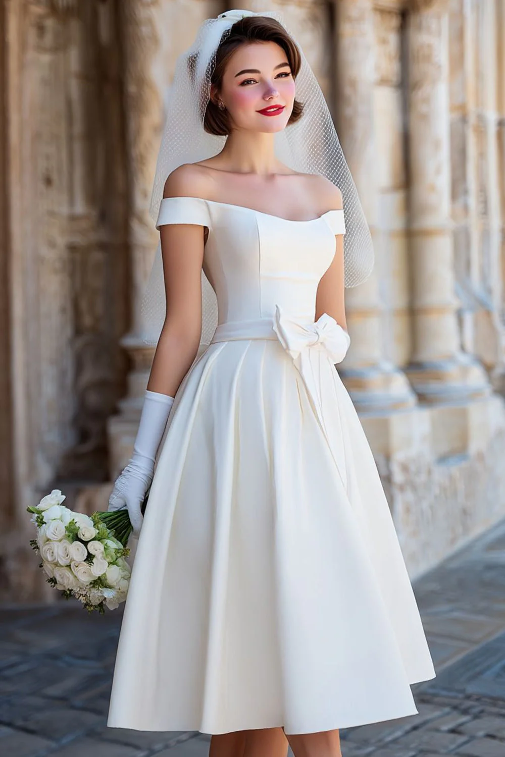 Off the Shoulder White Corset A Line Midi Wedding Dress with Bows - Image 3