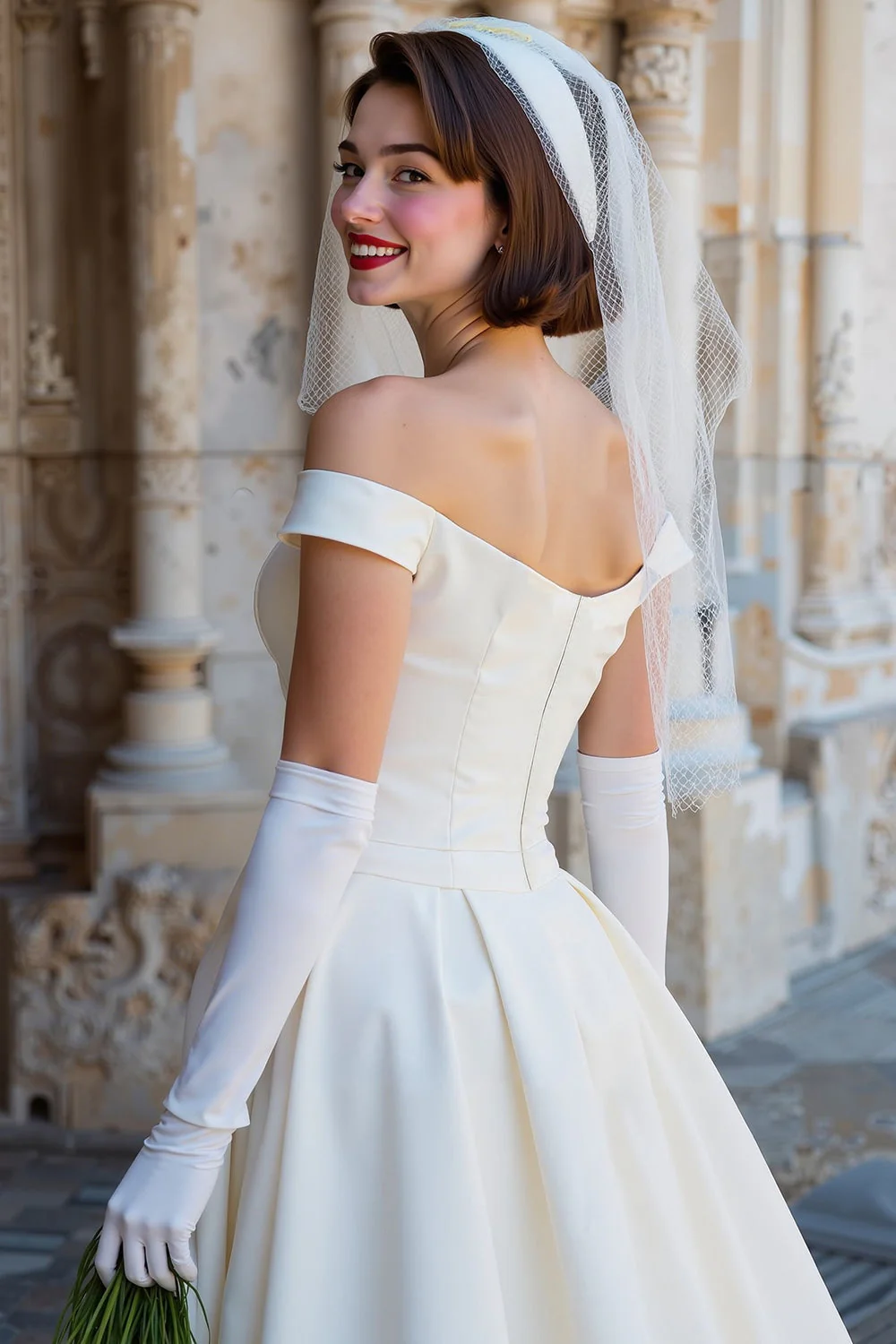 Off the Shoulder White Corset A Line Midi Wedding Dress with Bows - Image 4
