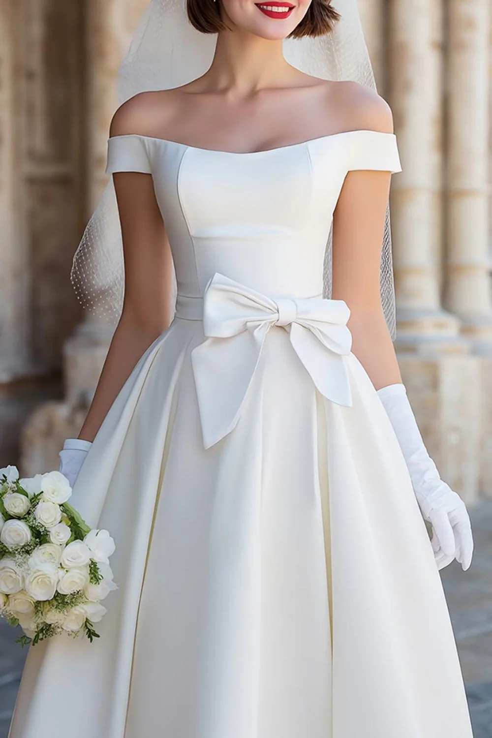 Off the Shoulder White Corset A Line Midi Wedding Dress with Bows - Image 5