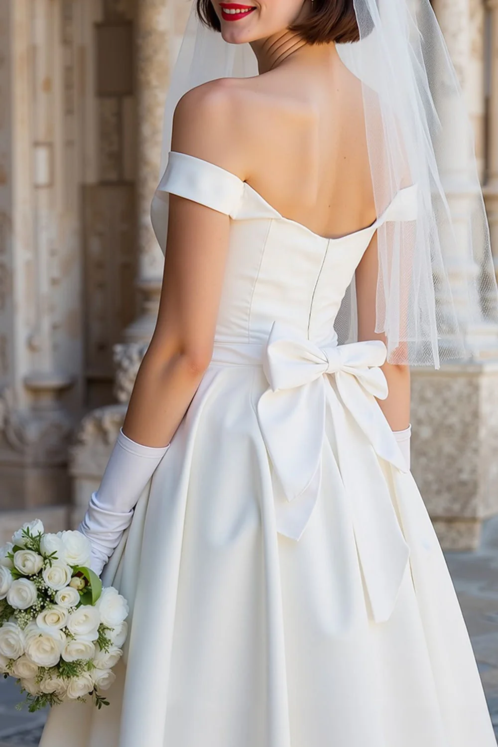 Off the Shoulder White Corset A Line Midi Wedding Dress with Bows - Image 6