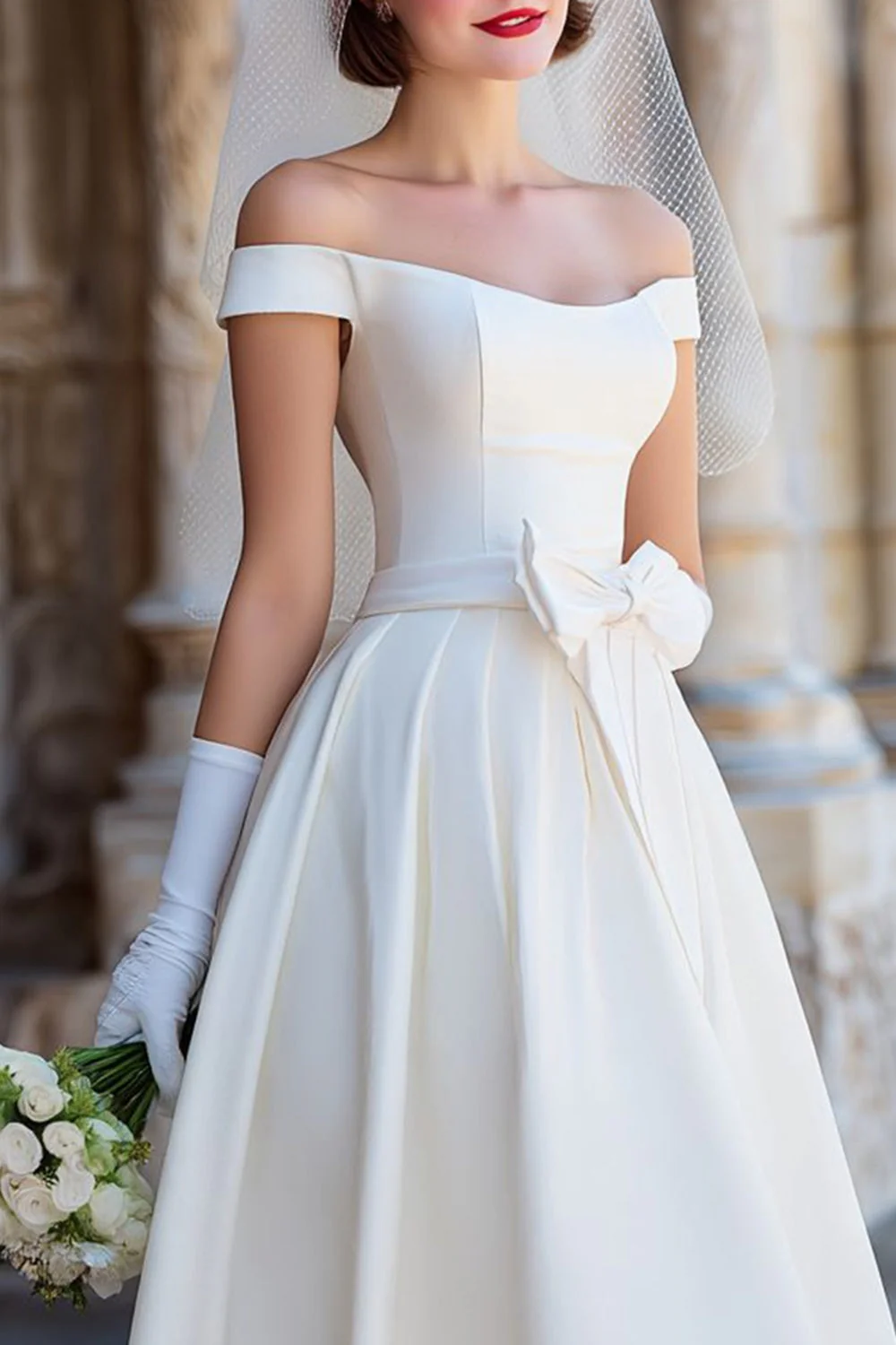 Off the Shoulder White Corset A Line Midi Wedding Dress with Bows - Image 7