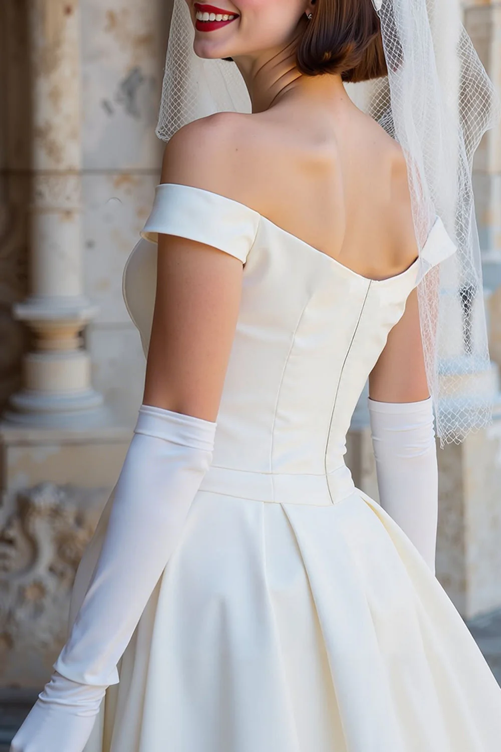 Off the Shoulder White Corset A Line Midi Wedding Dress with Bows - Image 8