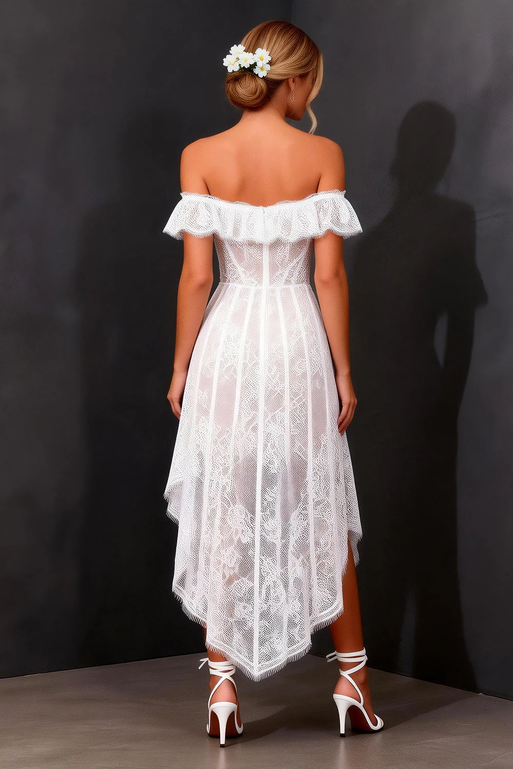 Off The Shoulder White Lace Corset High-Low A Line Wedding Dress - Image 2