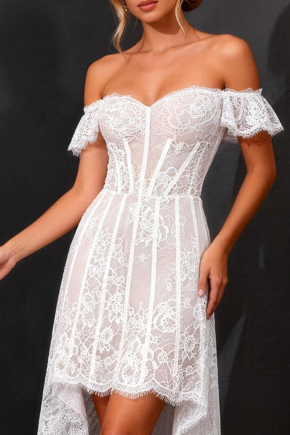 Off The Shoulder White Lace Corset High-Low A Line Wedding Dress - Image 3