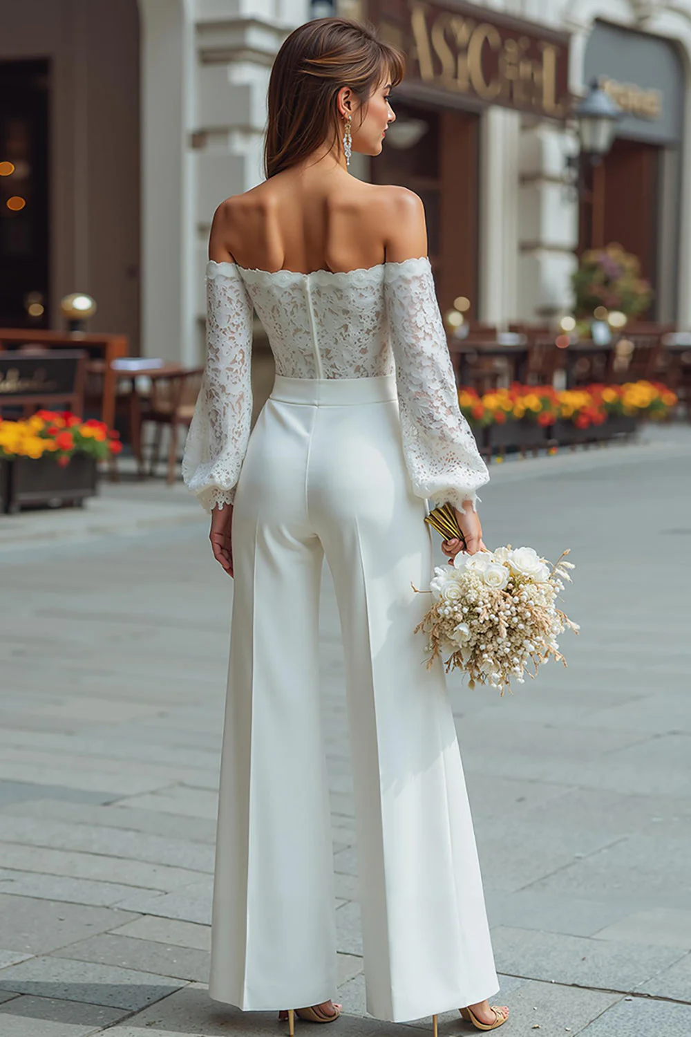 Off The Shoulder White Lace Wedding Jumpsuits - Image 2