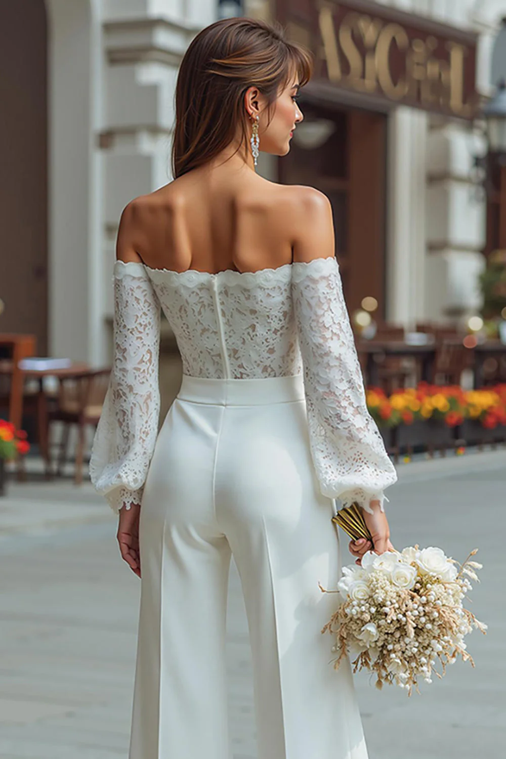 Off The Shoulder White Lace Wedding Jumpsuits - Image 4