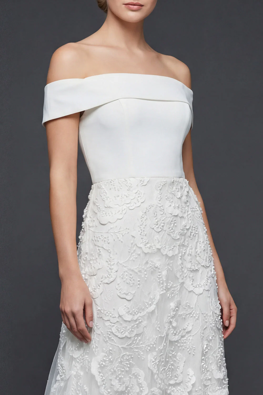 Off The Shoulder White Long A Line Wedding Dress - Image 3
