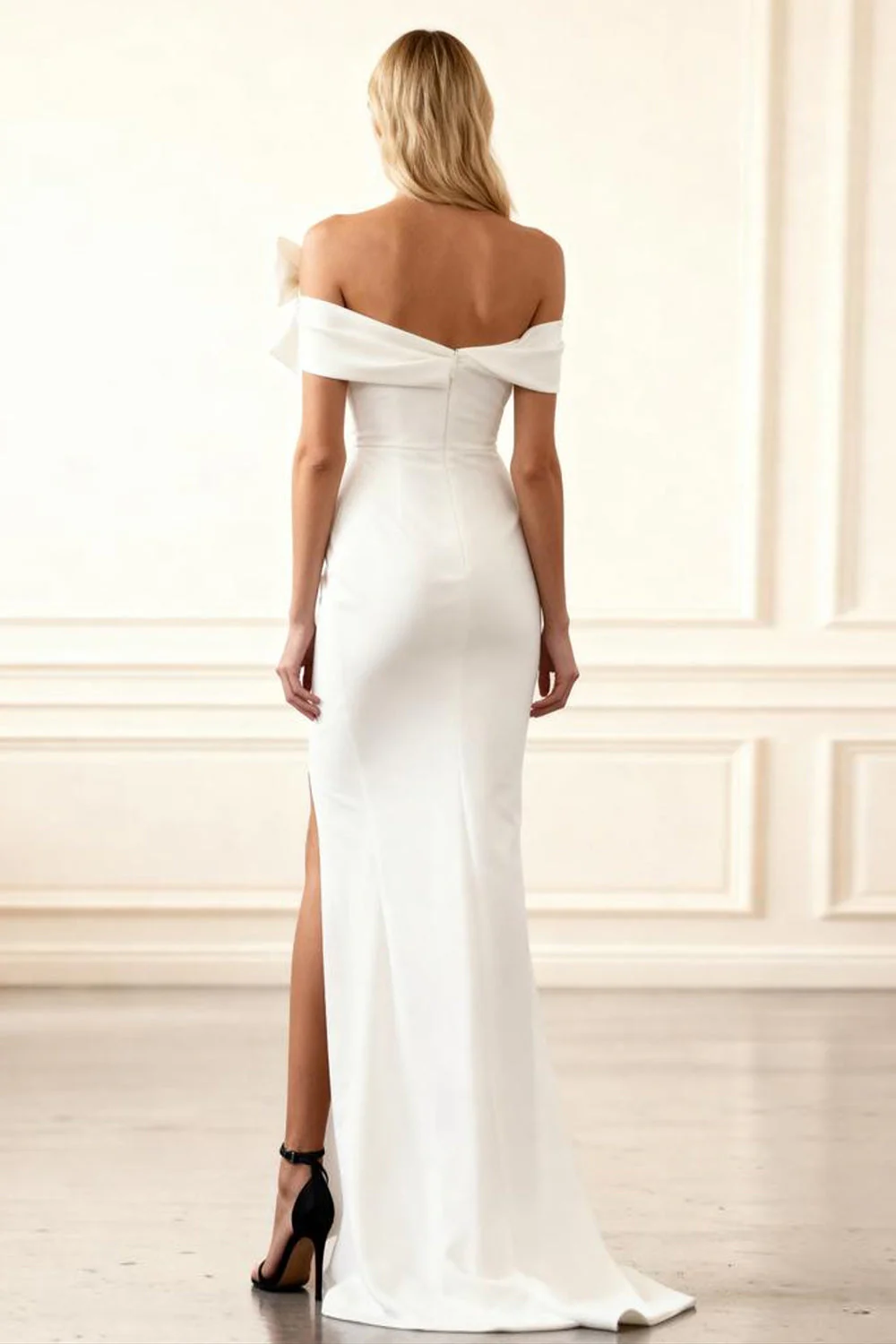Off The Shoulder White Sheath Wedding Dress With Slit - Image 2