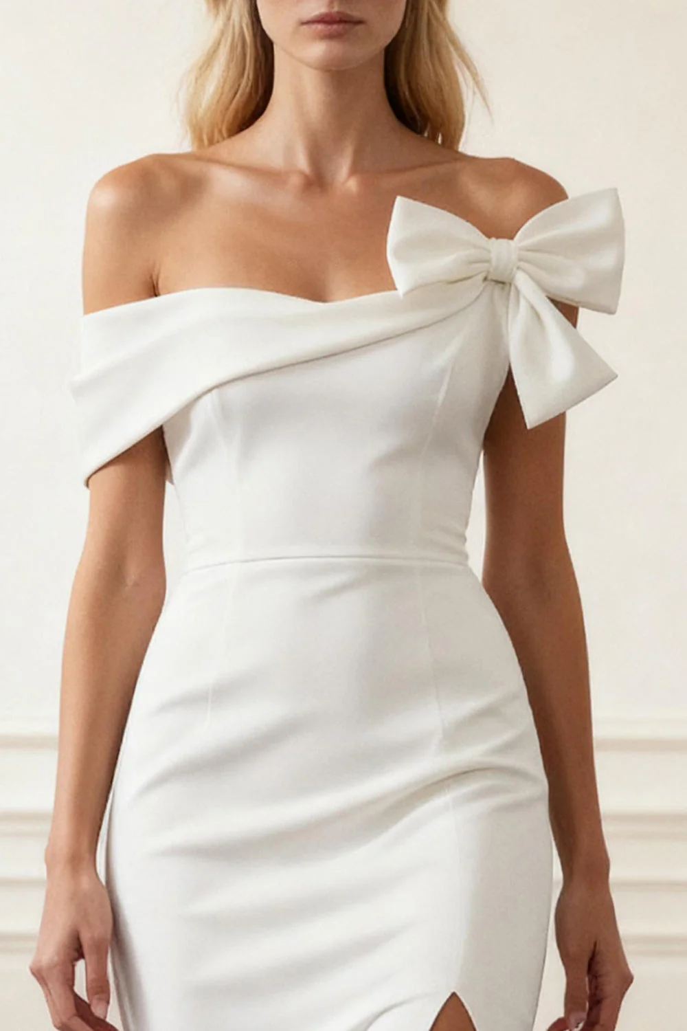 Off The Shoulder White Sheath Wedding Dress With Slit - Image 3