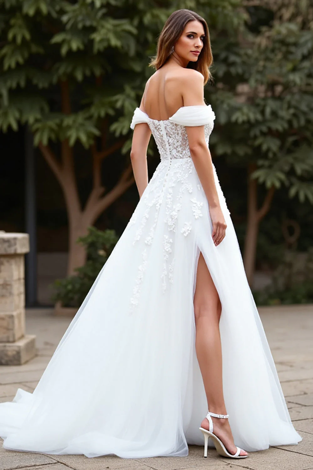 Off the Shoulder White Tulle A Line Boho Sweep Train Wedding Dress with Slit - Image 2