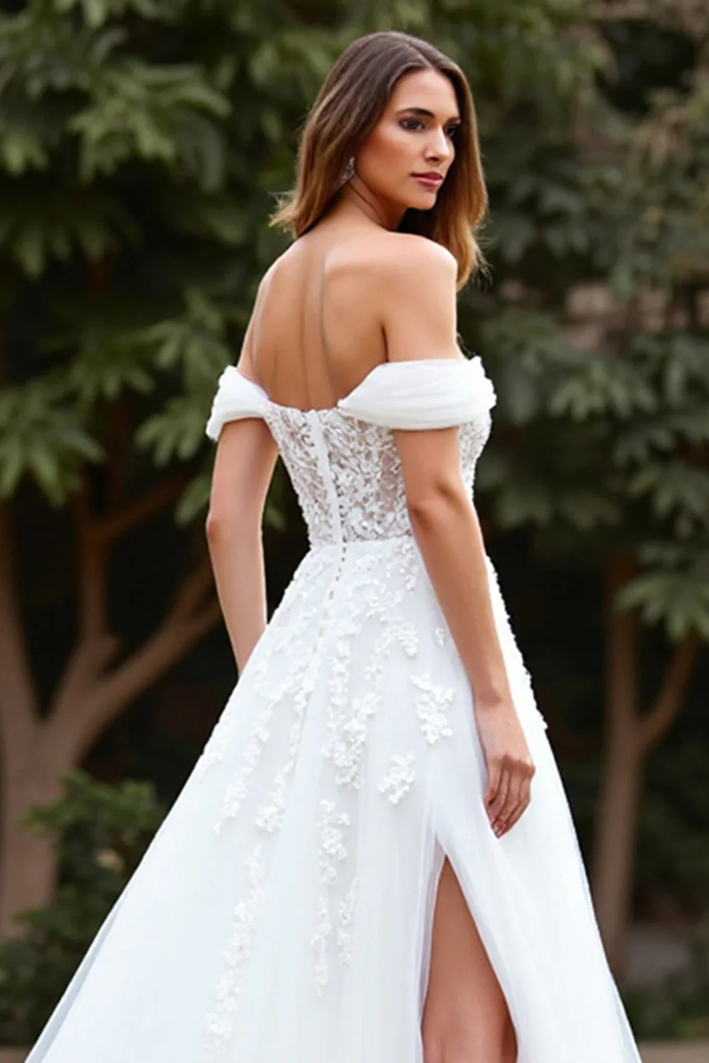 Off the Shoulder White Tulle A Line Boho Sweep Train Wedding Dress with Slit - Image 4