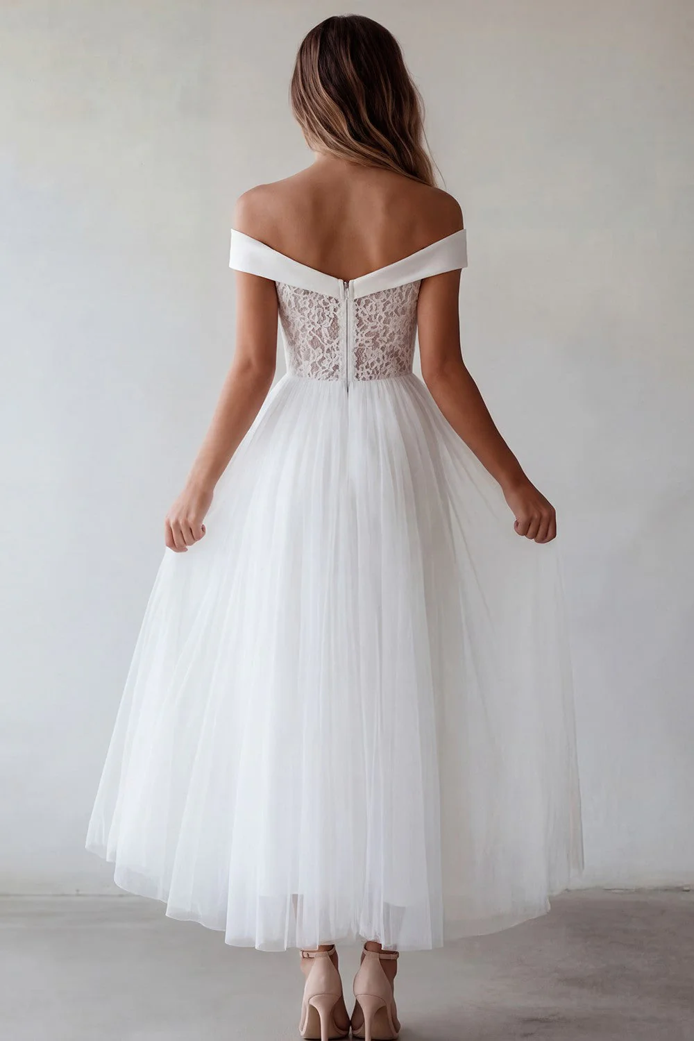 Off the Shoulder White Tulle A-Line Long Graduation Dress with Lace - Image 2
