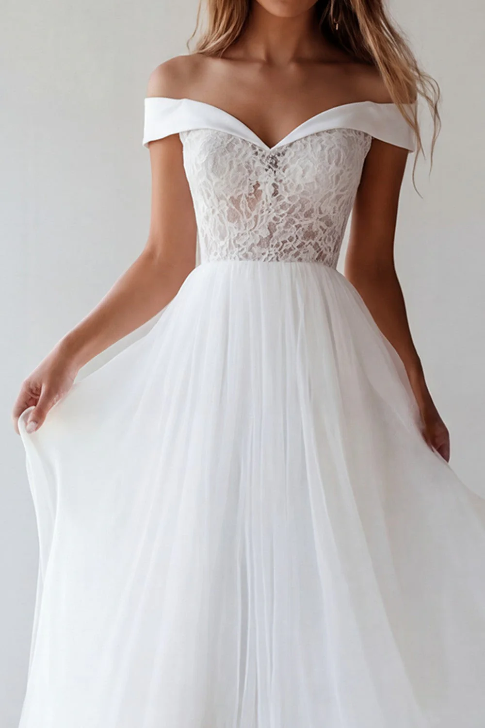 Off the Shoulder White Tulle A-Line Long Graduation Dress with Lace - Image 3