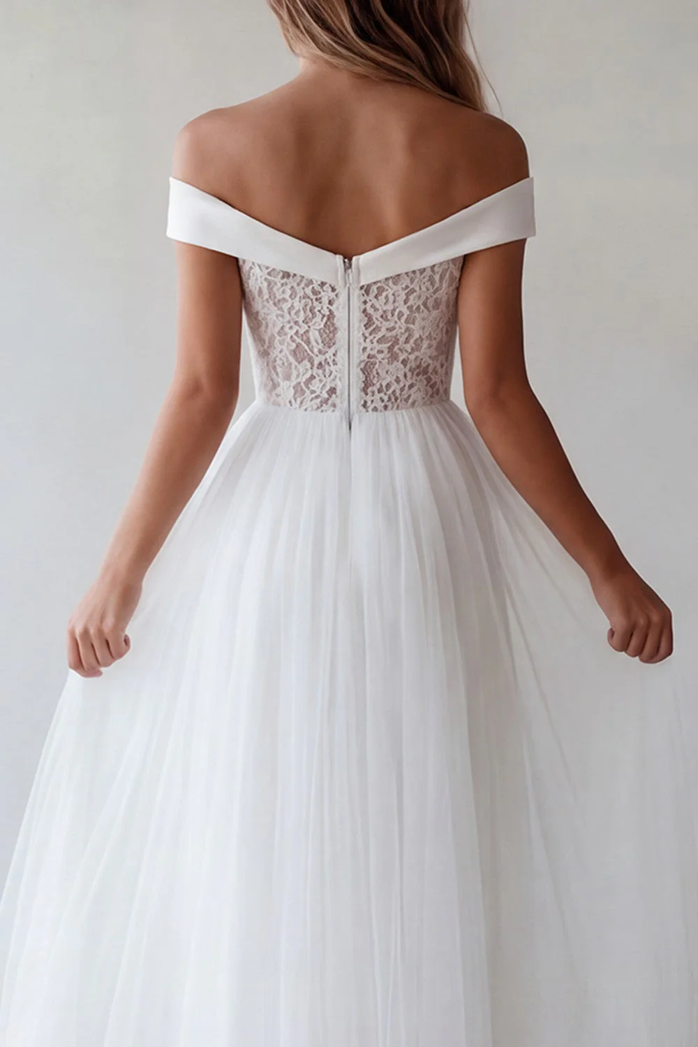 Off the Shoulder White Tulle A-Line Long Graduation Dress with Lace - Image 4