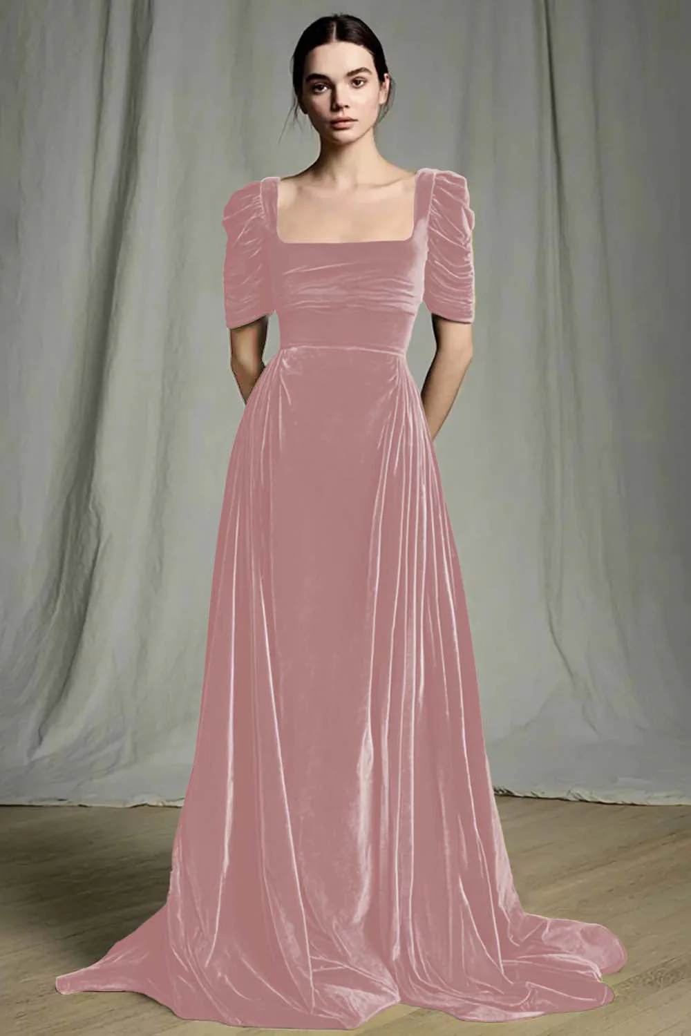 Olive A-Line Square Neck Velvet Long Formal Dress - Image 3