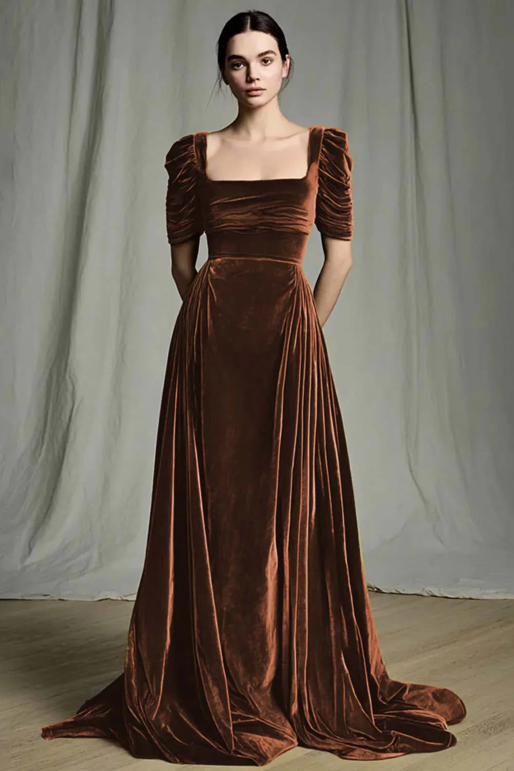 Olive A-Line Square Neck Velvet Long Formal Dress - Image 4