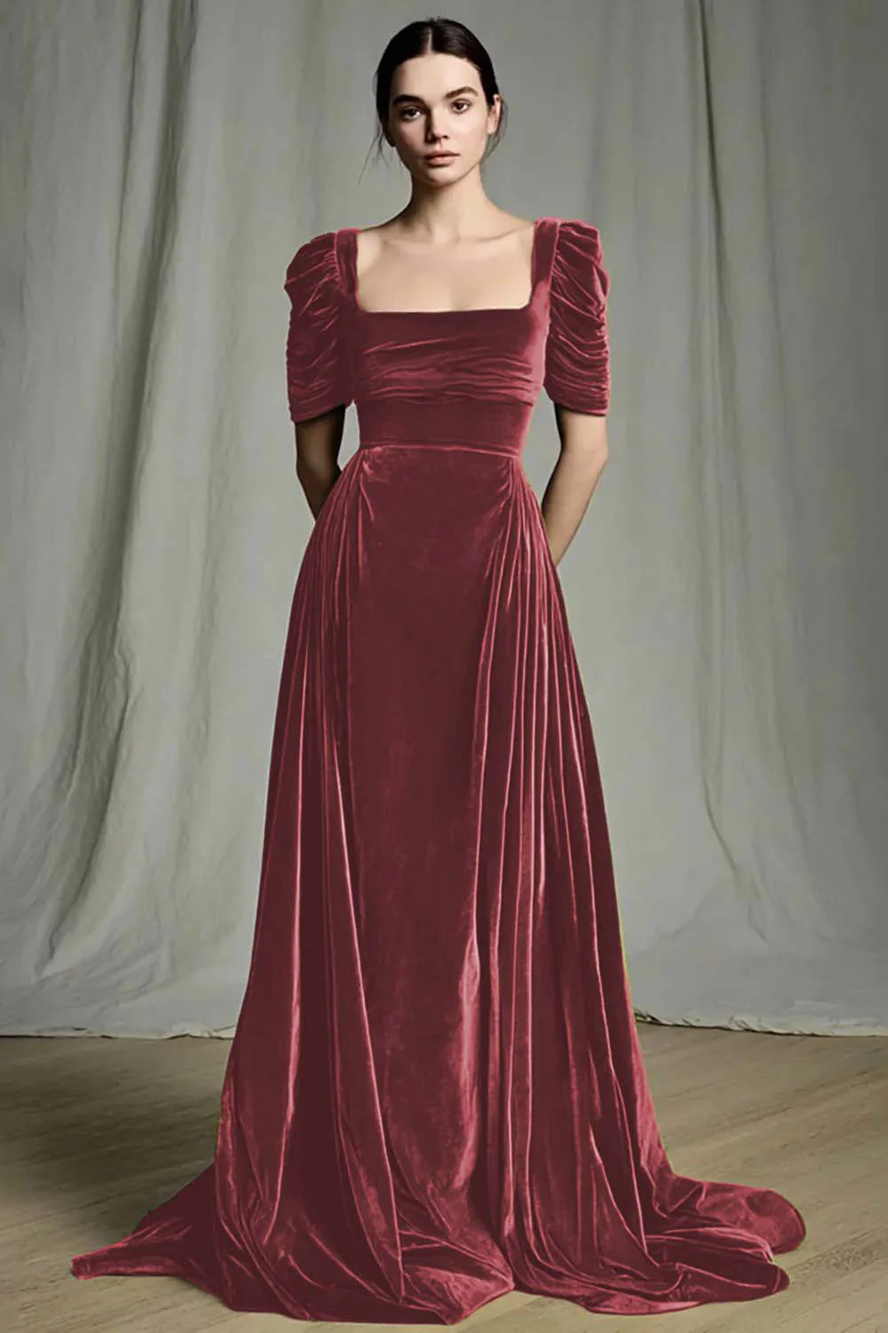 Olive A-Line Square Neck Velvet Long Formal Dress - Image 7