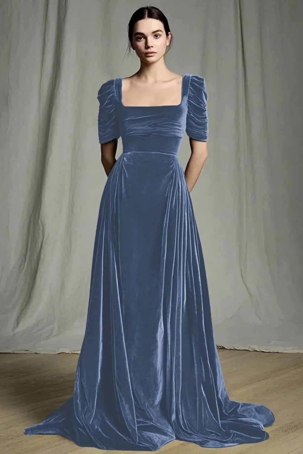 Olive A-Line Square Neck Velvet Long Formal Dress - Image 8