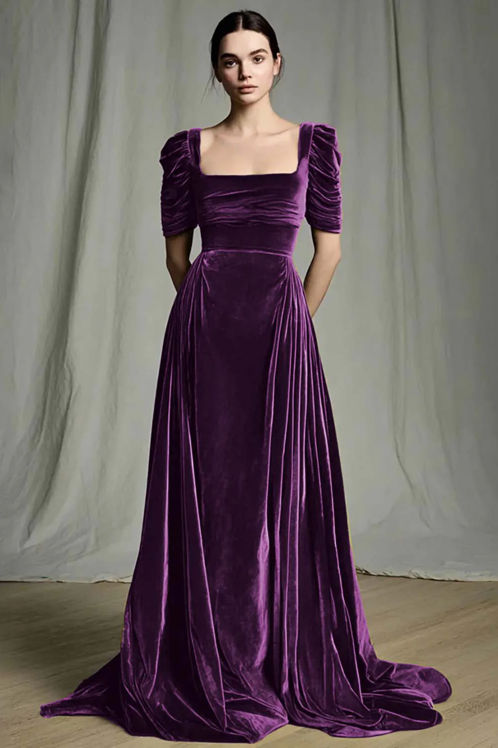 Olive A-Line Square Neck Velvet Long Formal Dress - Image 9