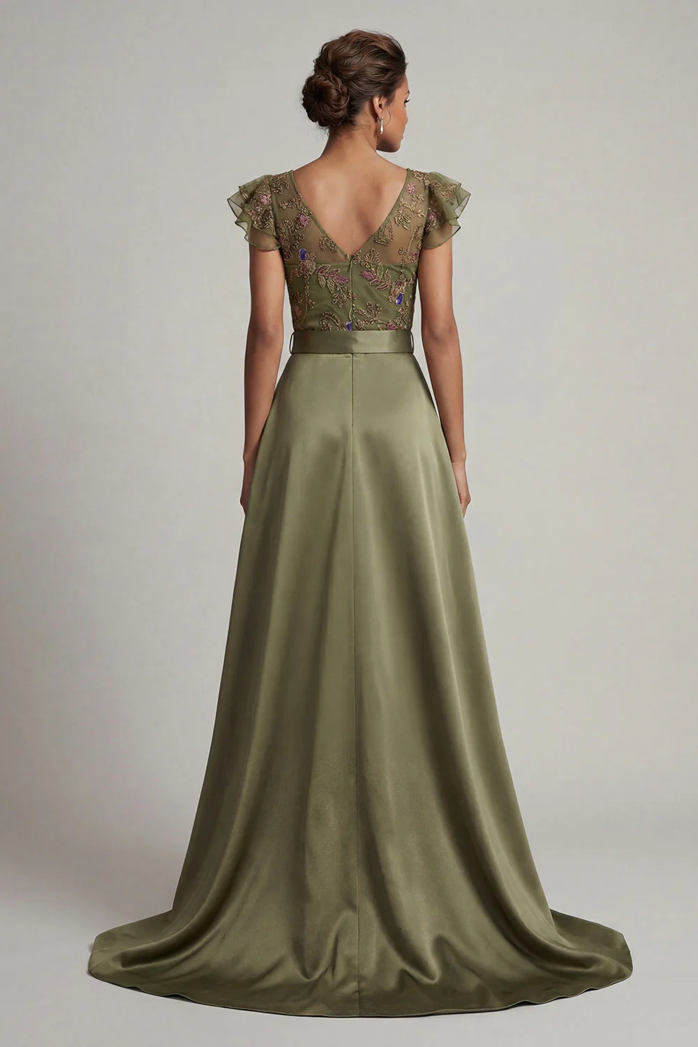 Olive V Neck Appliqued Long Mother of the Bride Jumpsuit with Flutter Sleeves - Image 2