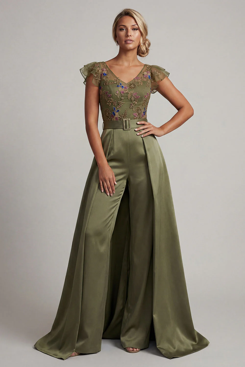 Olive V Neck Appliqued Long Mother of the Bride Jumpsuit with Flutter Sleeves - Image 3