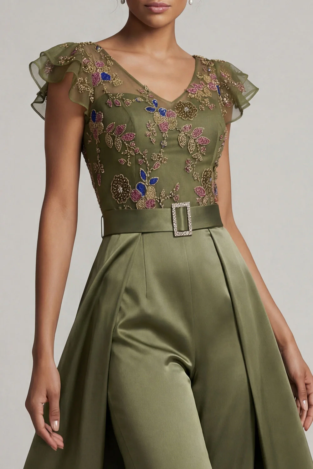 Olive V Neck Appliqued Long Mother of the Bride Jumpsuit with Flutter Sleeves - Image 4