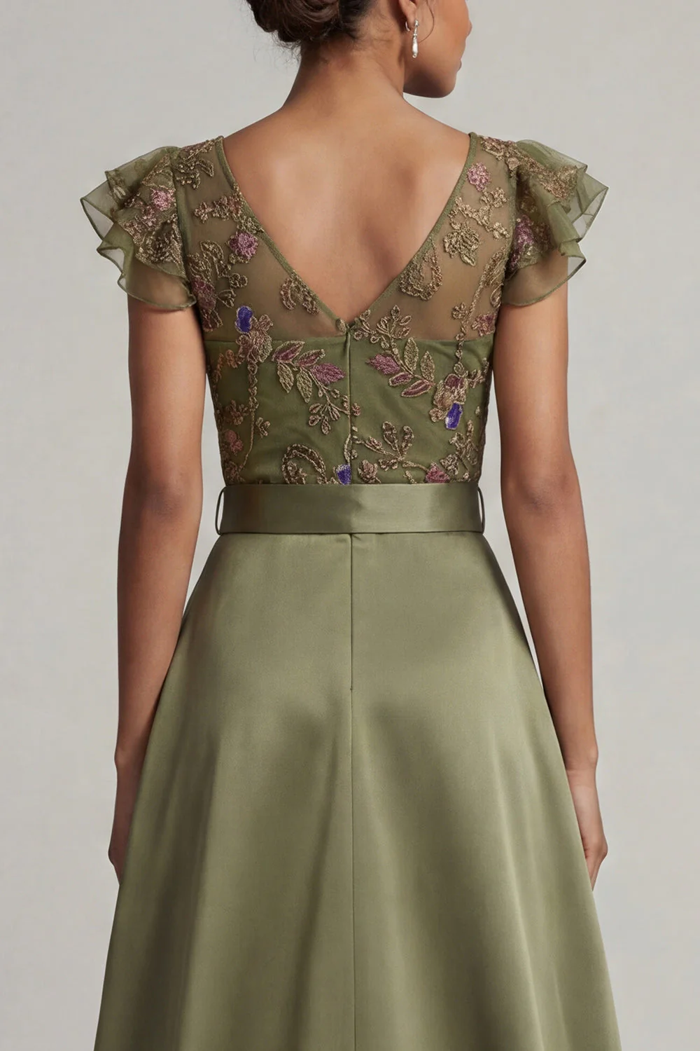 Olive V Neck Appliqued Long Mother of the Bride Jumpsuit with Flutter Sleeves - Image 5
