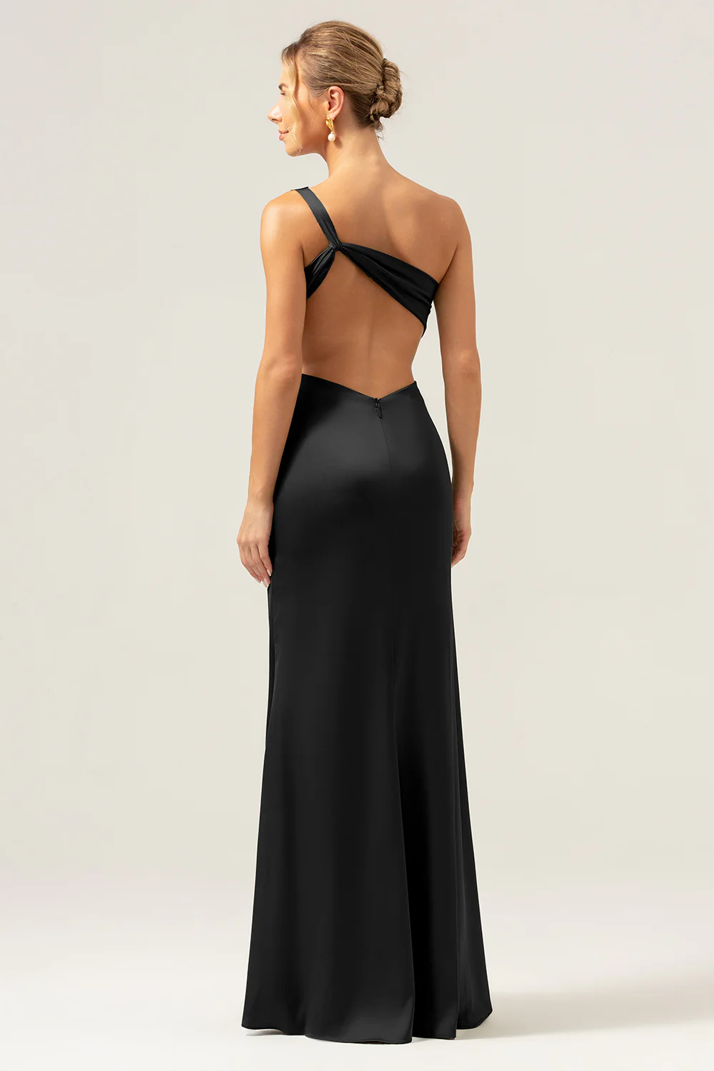 Olive Mermaid One Shoulder Backless Satin Long Bridesmaid Dress - Image 10