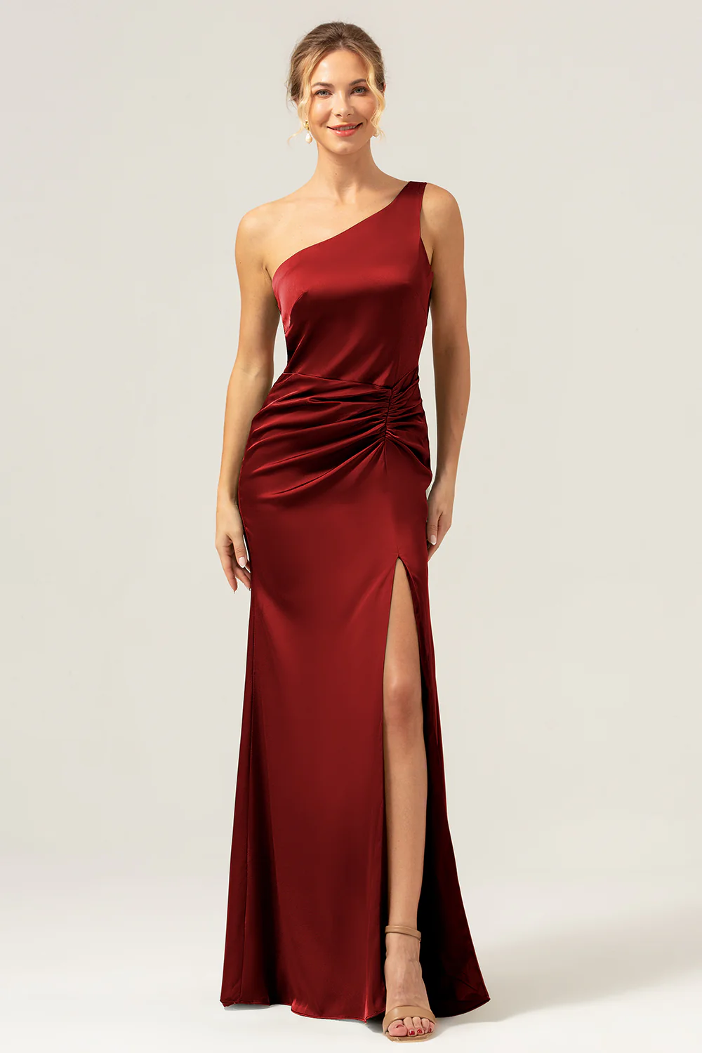 Olive Mermaid One Shoulder Backless Satin Long Bridesmaid Dress - Image 11