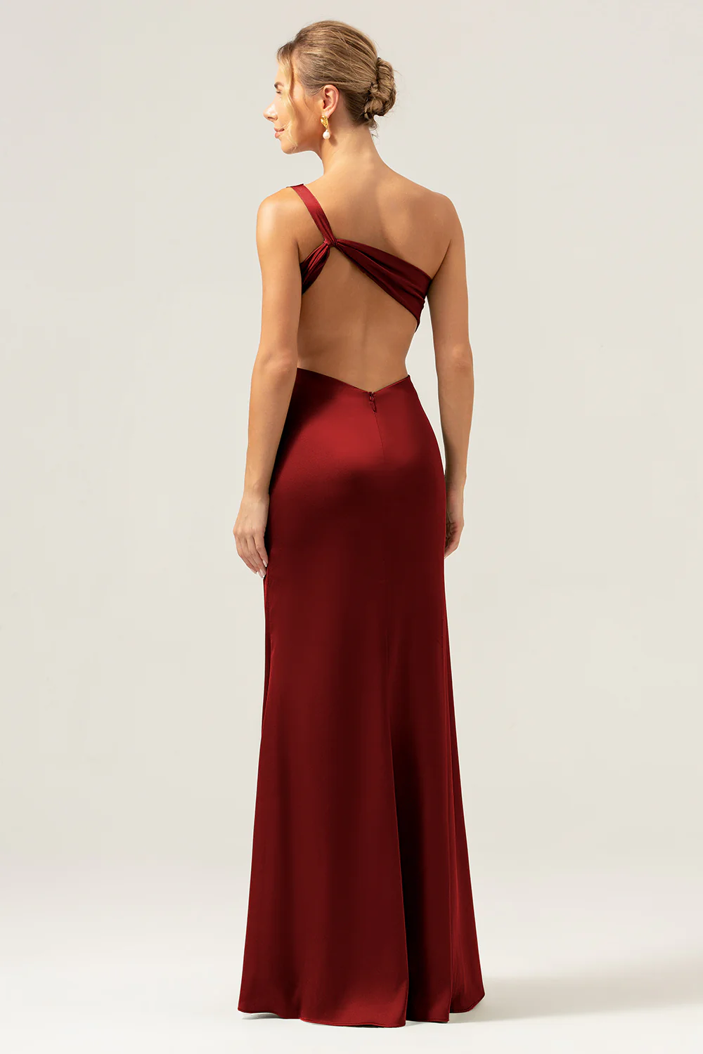 Olive Mermaid One Shoulder Backless Satin Long Bridesmaid Dress - Image 12