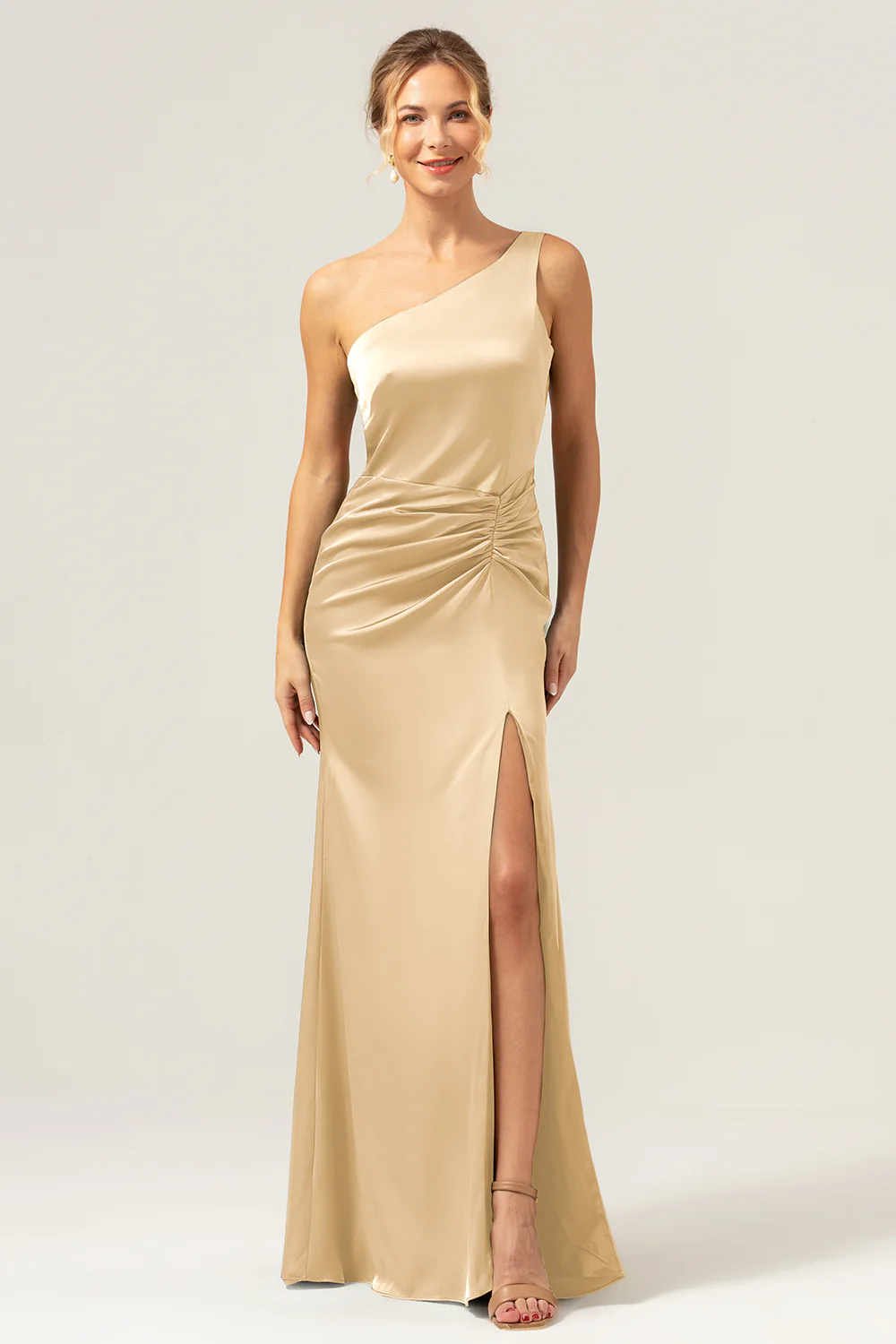 Olive Mermaid One Shoulder Backless Satin Long Bridesmaid Dress - Image 13
