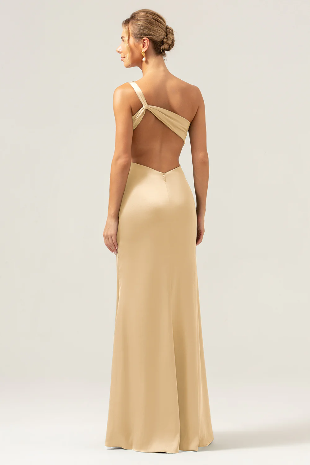 Olive Mermaid One Shoulder Backless Satin Long Bridesmaid Dress - Image 14