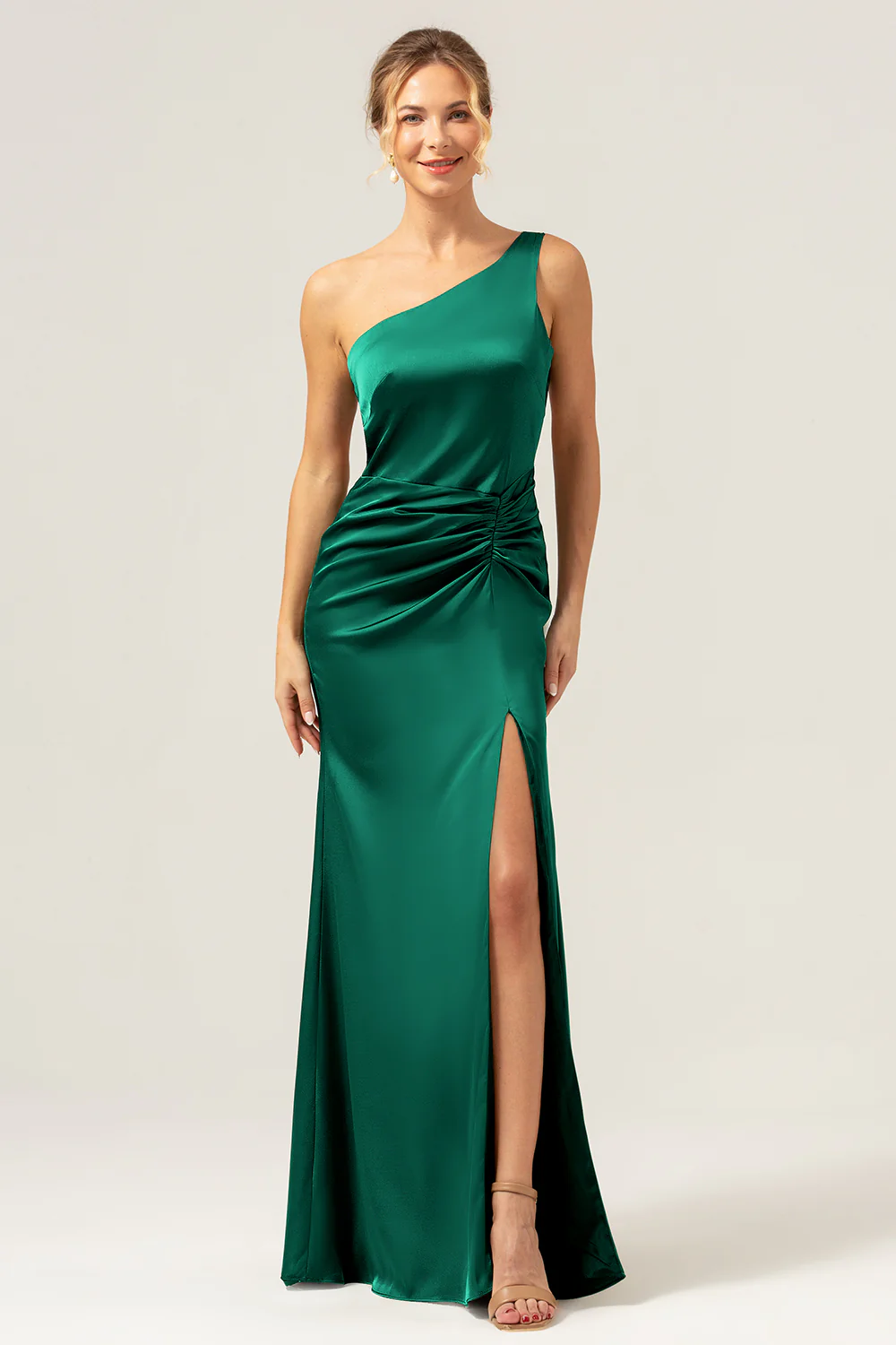 Olive Mermaid One Shoulder Backless Satin Long Bridesmaid Dress - Image 15