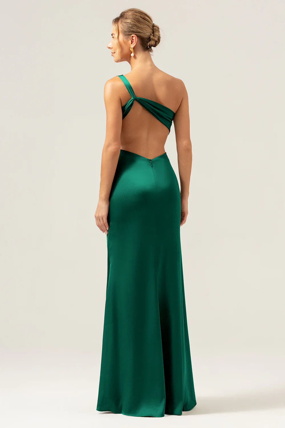 Olive Mermaid One Shoulder Backless Satin Long Bridesmaid Dress - Image 16