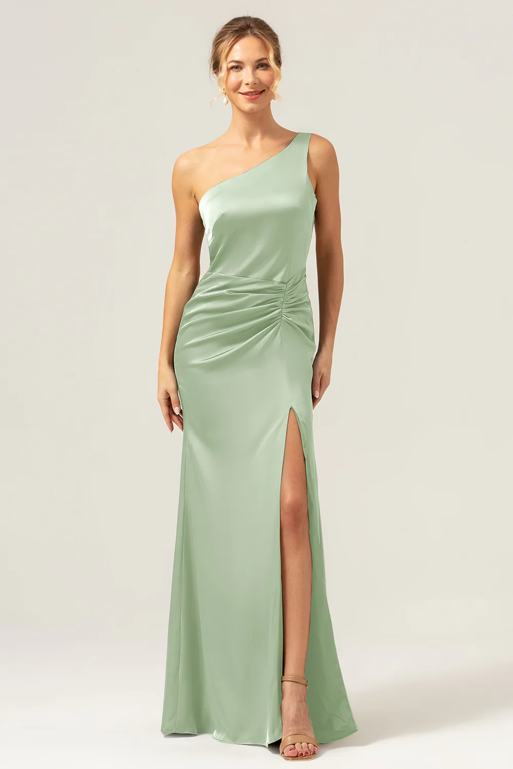 Olive Mermaid One Shoulder Backless Satin Long Bridesmaid Dress - Image 17