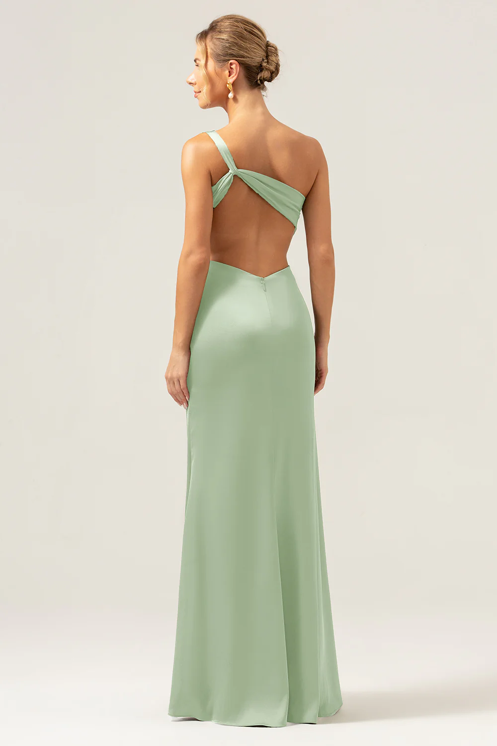 Olive Mermaid One Shoulder Backless Satin Long Bridesmaid Dress - Image 18