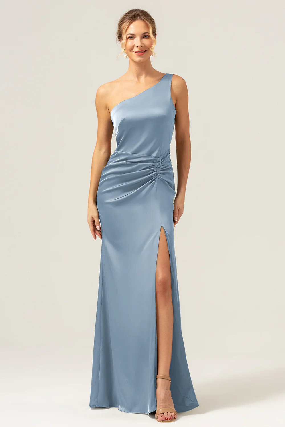 Olive Mermaid One Shoulder Backless Satin Long Bridesmaid Dress - Image 19