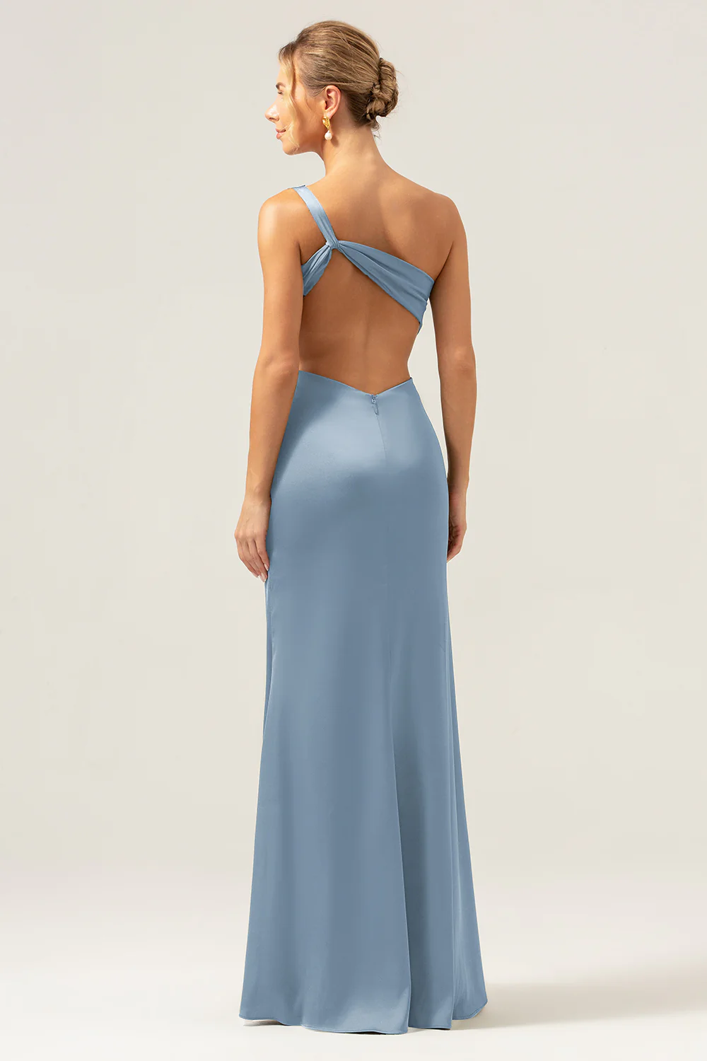 Olive Mermaid One Shoulder Backless Satin Long Bridesmaid Dress - Image 20
