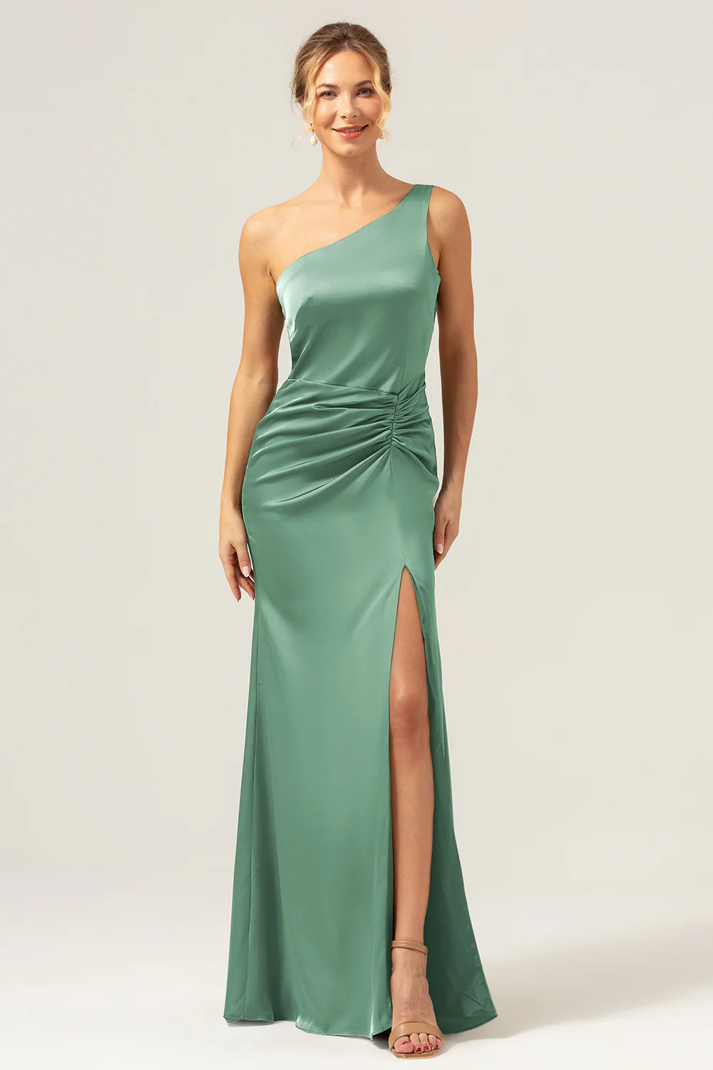 Olive Mermaid One Shoulder Backless Satin Long Bridesmaid Dress - Image 21