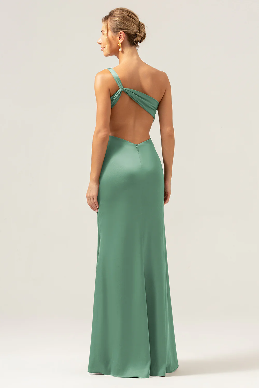 Olive Mermaid One Shoulder Backless Satin Long Bridesmaid Dress - Image 22