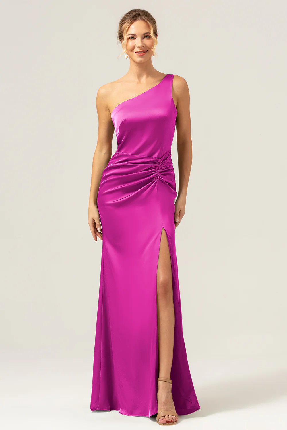 Olive Mermaid One Shoulder Backless Satin Long Bridesmaid Dress - Image 23