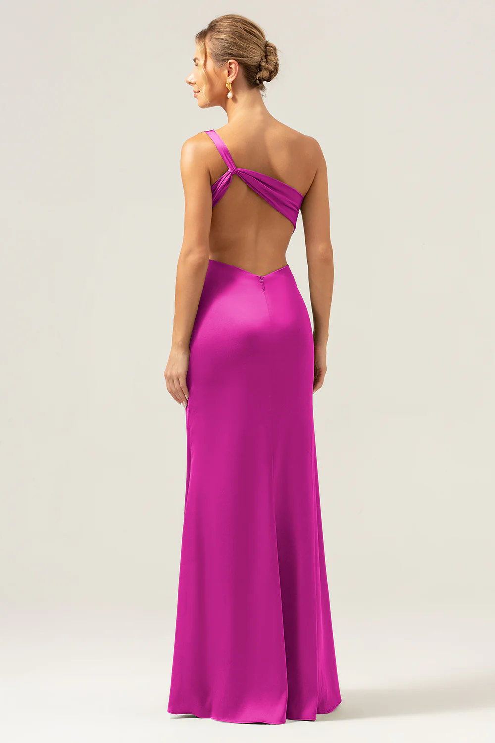 Olive Mermaid One Shoulder Backless Satin Long Bridesmaid Dress - Image 24